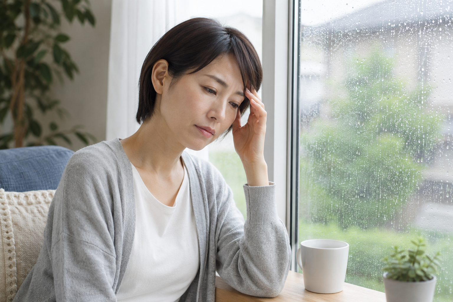 雨の日に窓辺で頭の重さを感じている女性