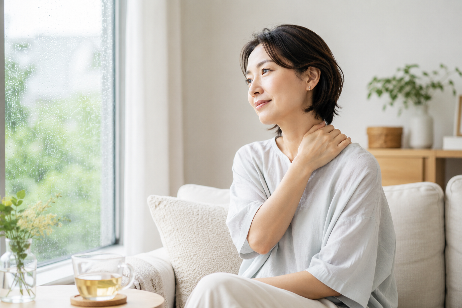 雨の日に自分の首や肩の状態を穏やかに確認する女性