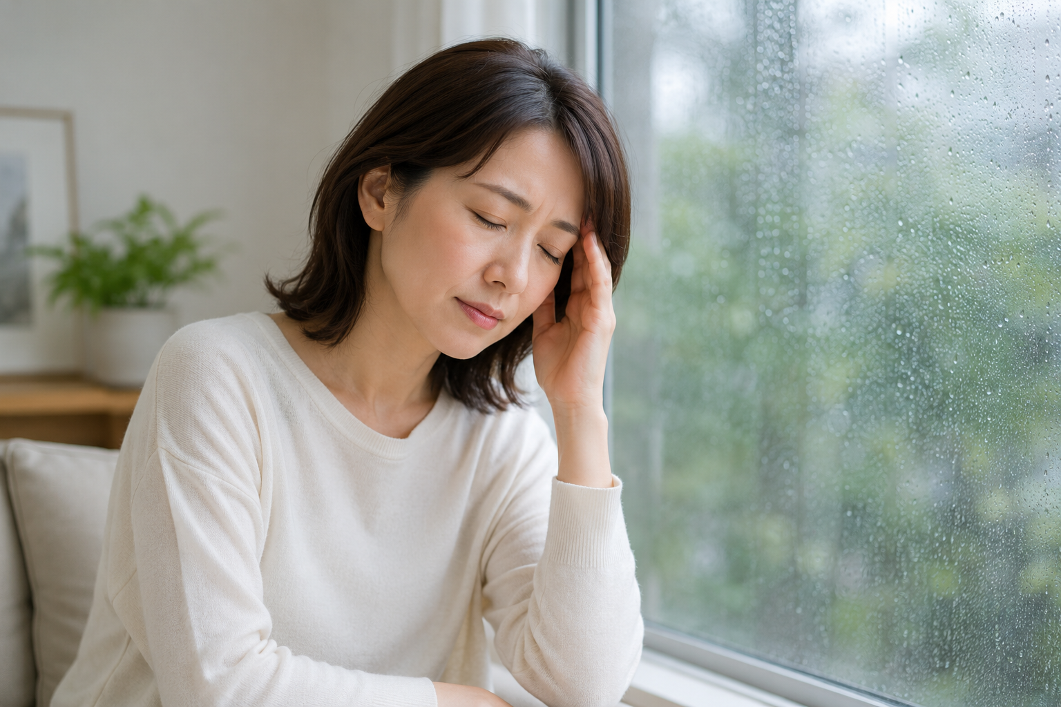 雨の日に窓辺で耳やこめかみ付近の不調を感じている女性