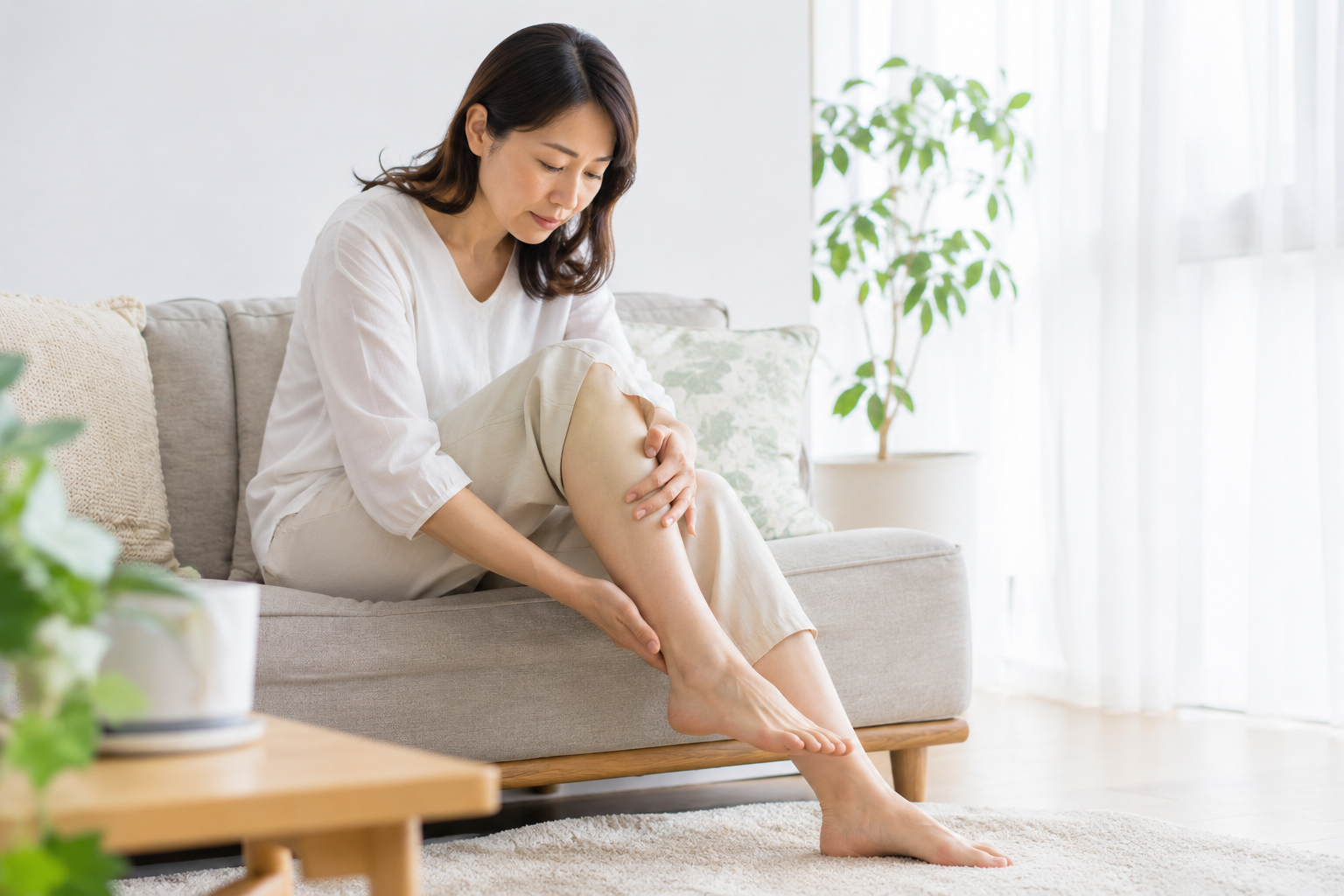 足のむくみや重さを確認しながらふくらはぎに触れている女性