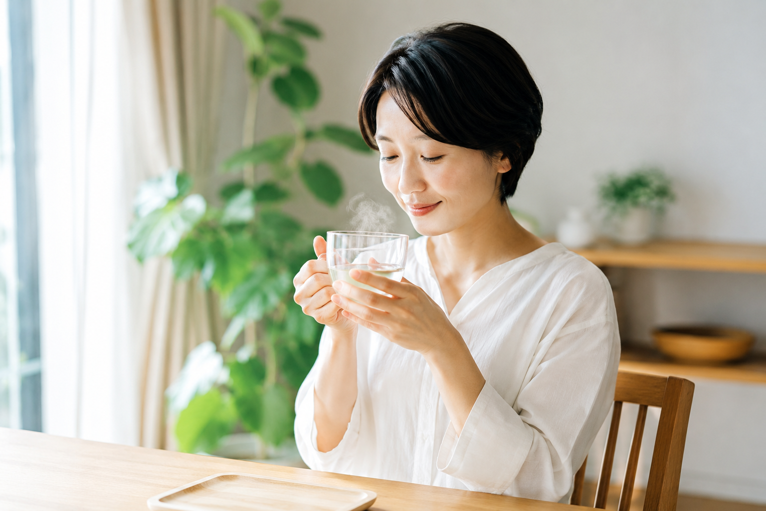 朝の光の中で温かい白湯を飲むセルフケアのイメージ