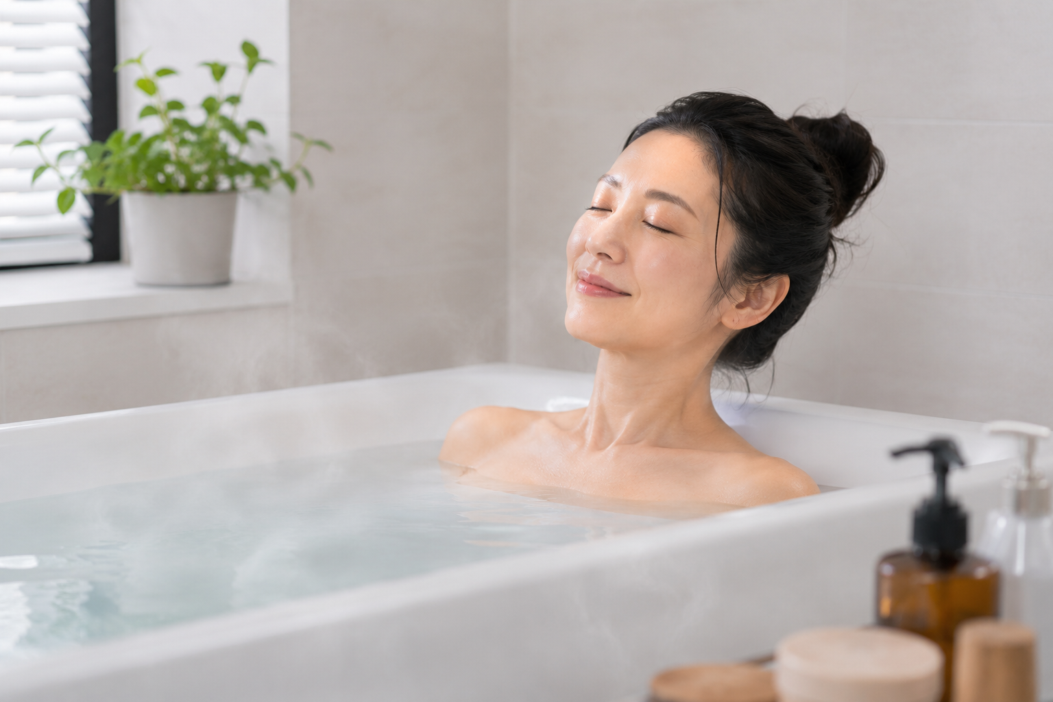 湯船につかって身体を温めるセルフケアのイメージ