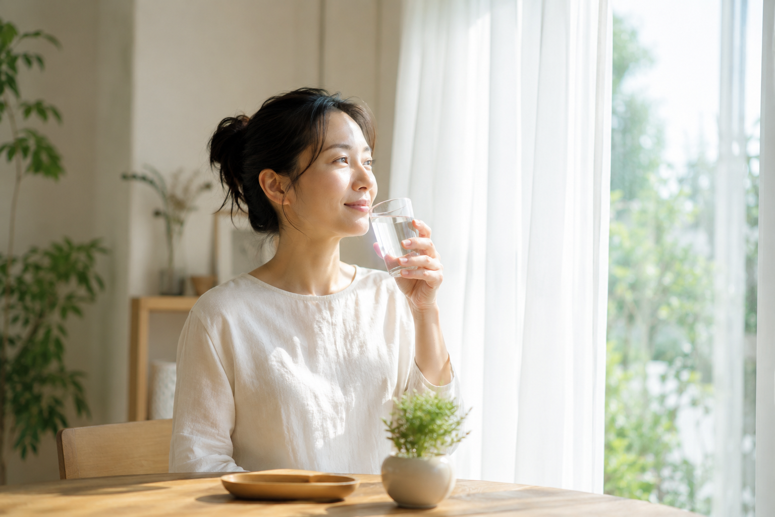 朝日を浴びながら水を飲む生活習慣のイメージ