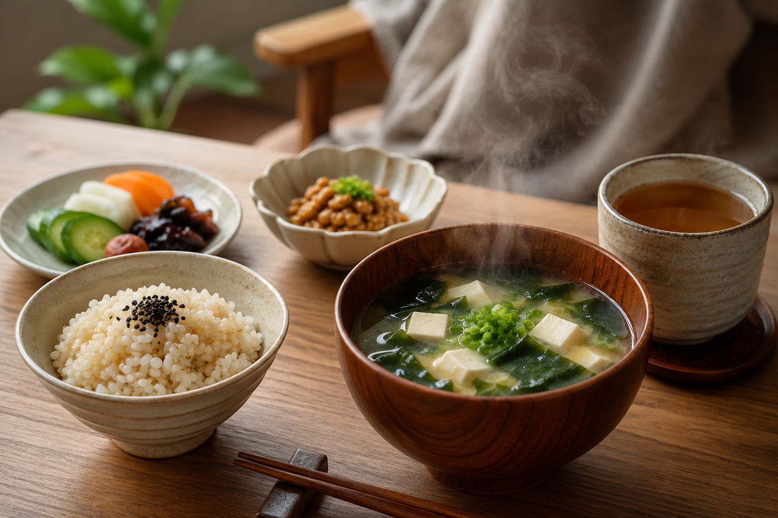 温かいみそ汁や発酵食品でお腹を整える食事のイメージ